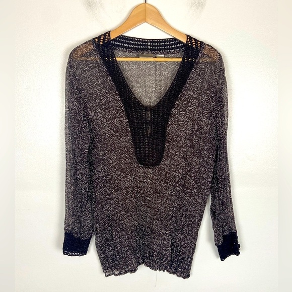 Chico's Sheer Crochet Trim Top Size 2 US L Brown Long Sleeves V-Neck Chiffon - Picture 1 of 11